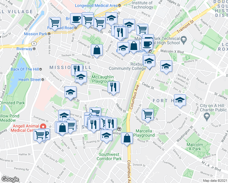 map of restaurants, bars, coffee shops, grocery stores, and more near 4 Fisher Avenue in Boston