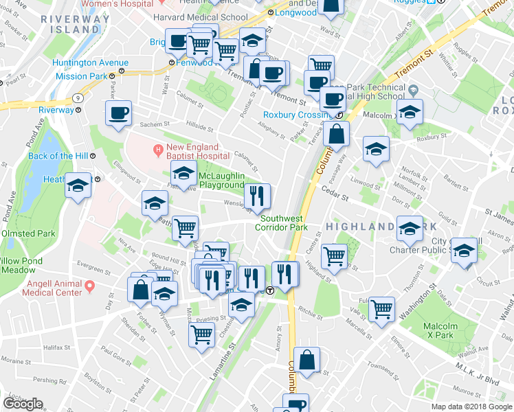 map of restaurants, bars, coffee shops, grocery stores, and more near 4 Fisher Avenue in Boston