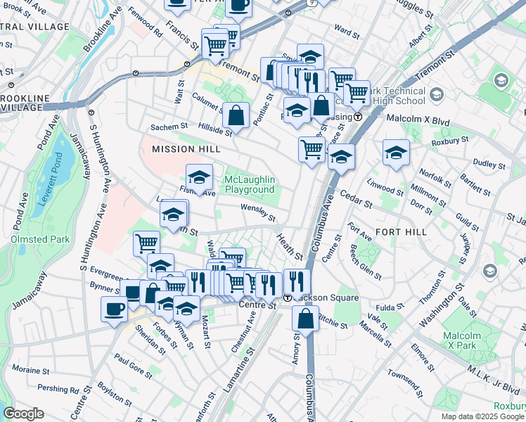 map of restaurants, bars, coffee shops, grocery stores, and more near 24 Wensley Street in Boston