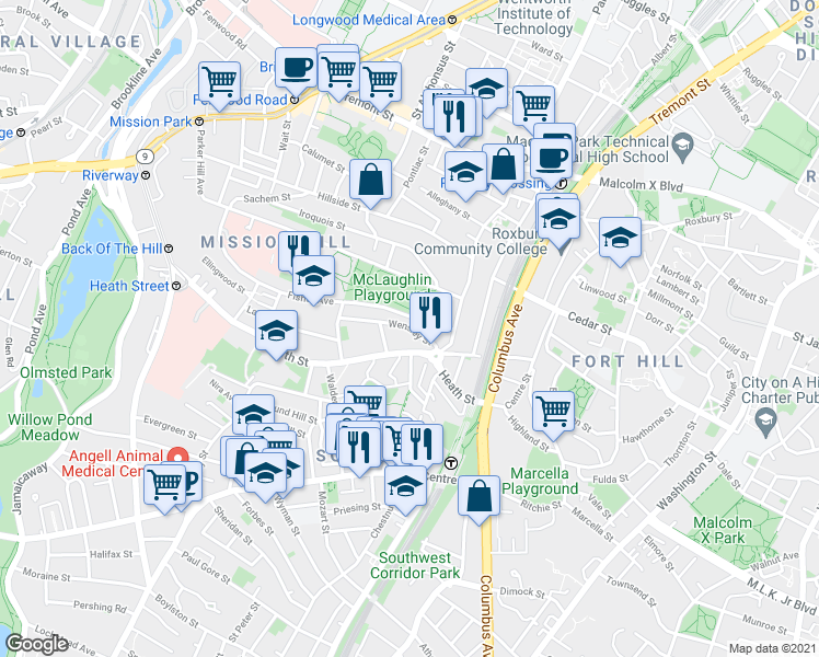 map of restaurants, bars, coffee shops, grocery stores, and more near 24 Wensley Street in Boston
