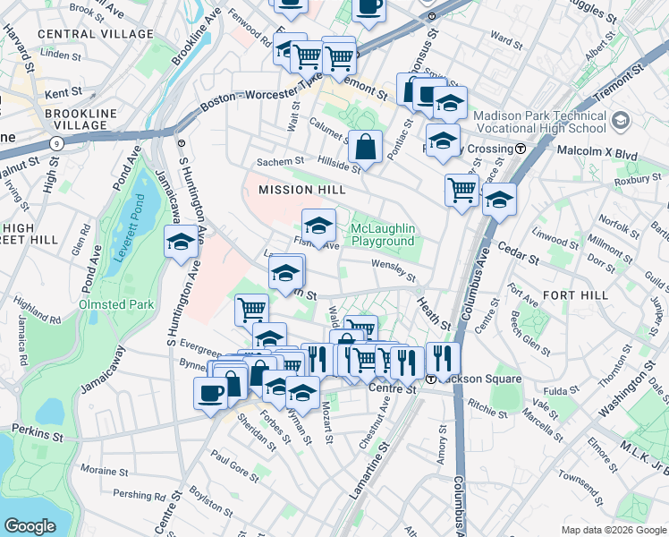 map of restaurants, bars, coffee shops, grocery stores, and more near 6 Bucknam Street in Boston