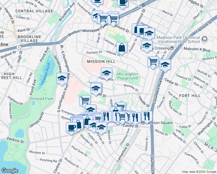 map of restaurants, bars, coffee shops, grocery stores, and more near 6 Bucknam Street in Boston