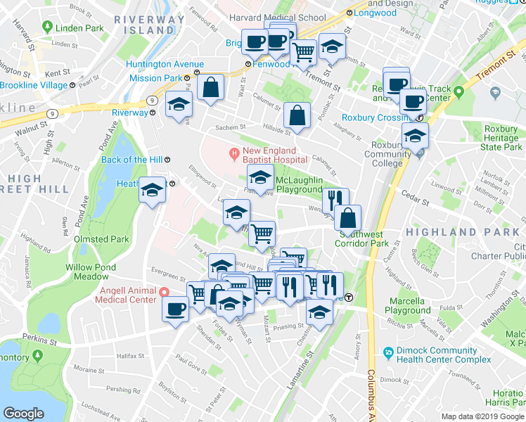 map of restaurants, bars, coffee shops, grocery stores, and more near 6 Bucknam Street in Boston