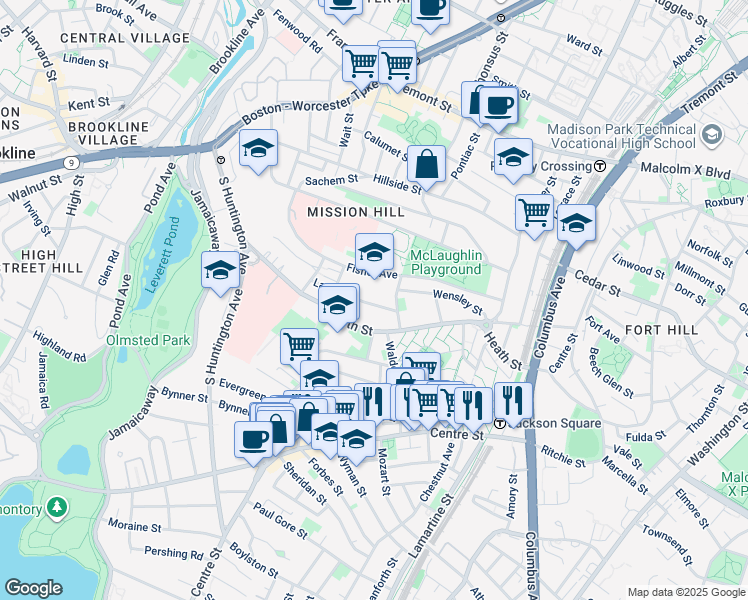 map of restaurants, bars, coffee shops, grocery stores, and more near 6 Bucknam Street in Boston