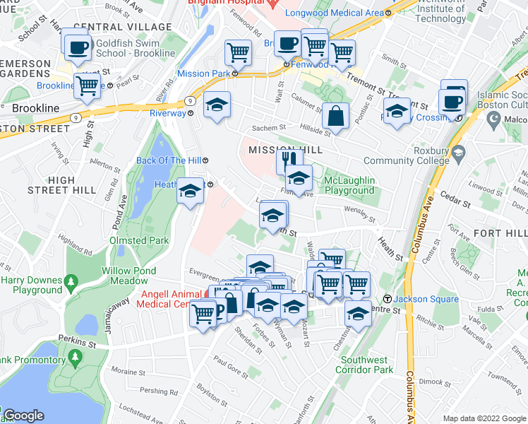 map of restaurants, bars, coffee shops, grocery stores, and more near 231 Heath Street in Boston