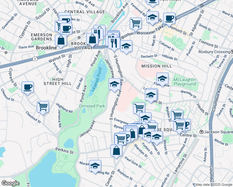 map of restaurants, bars, coffee shops, grocery stores, and more near 161 South Huntington Avenue in Boston