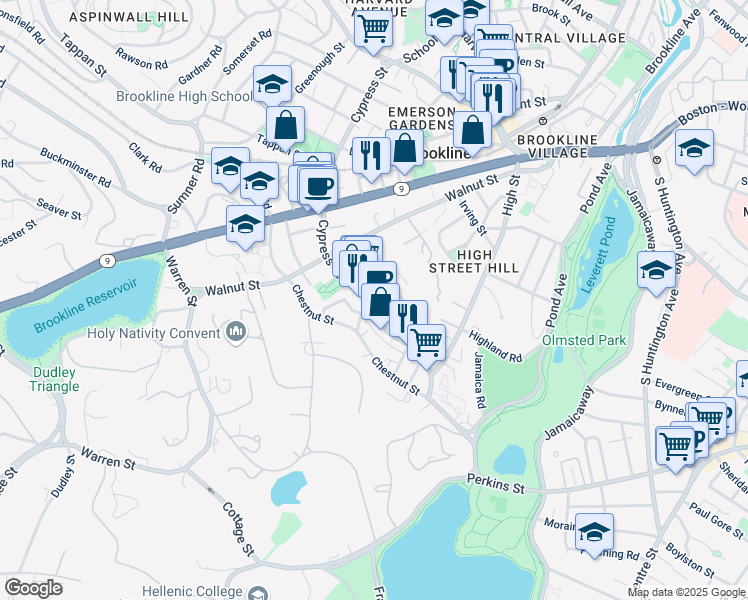 map of restaurants, bars, coffee shops, grocery stores, and more near 236 Cypress Street in Brookline