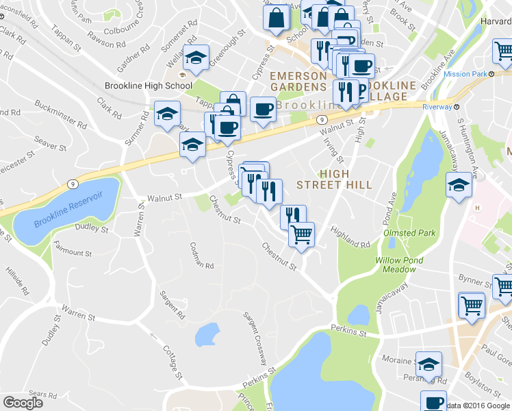 map of restaurants, bars, coffee shops, grocery stores, and more near 236 Cypress Street in Brookline