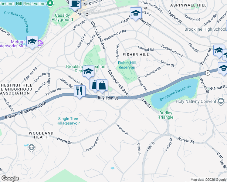 map of restaurants, bars, coffee shops, grocery stores, and more near 30 Eliot Street in Brookline