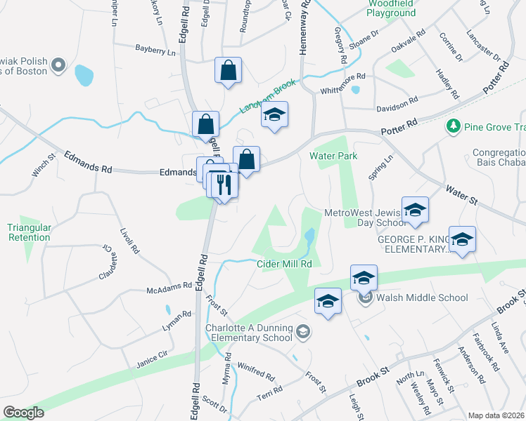 map of restaurants, bars, coffee shops, grocery stores, and more near 19 Whiting Road in Framingham