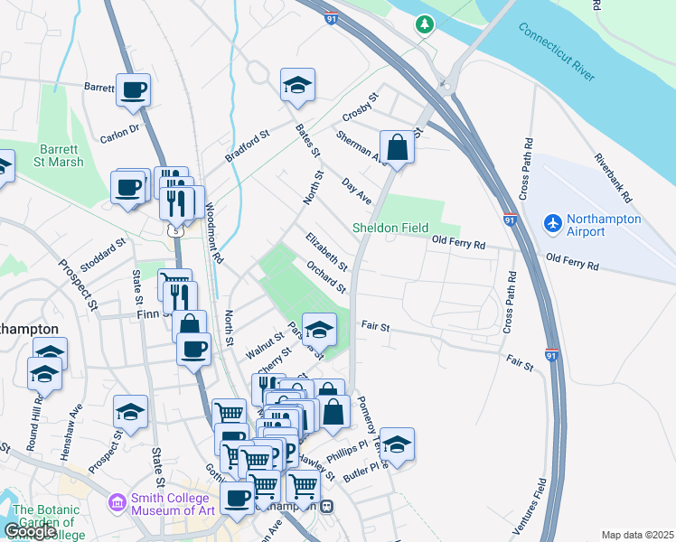 map of restaurants, bars, coffee shops, grocery stores, and more near 212 Bridge Street in Northampton