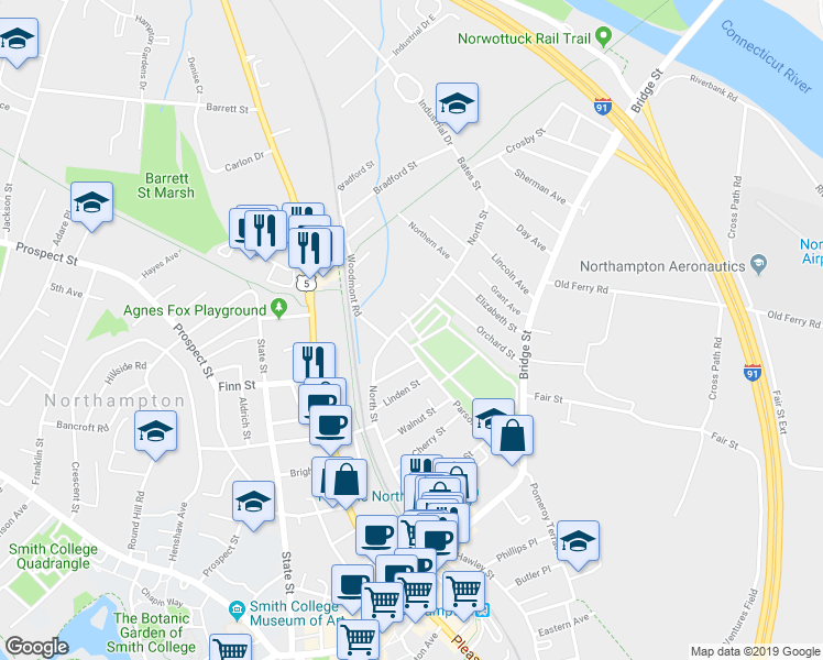 map of restaurants, bars, coffee shops, grocery stores, and more near 95-99 Parsons Street in Northampton