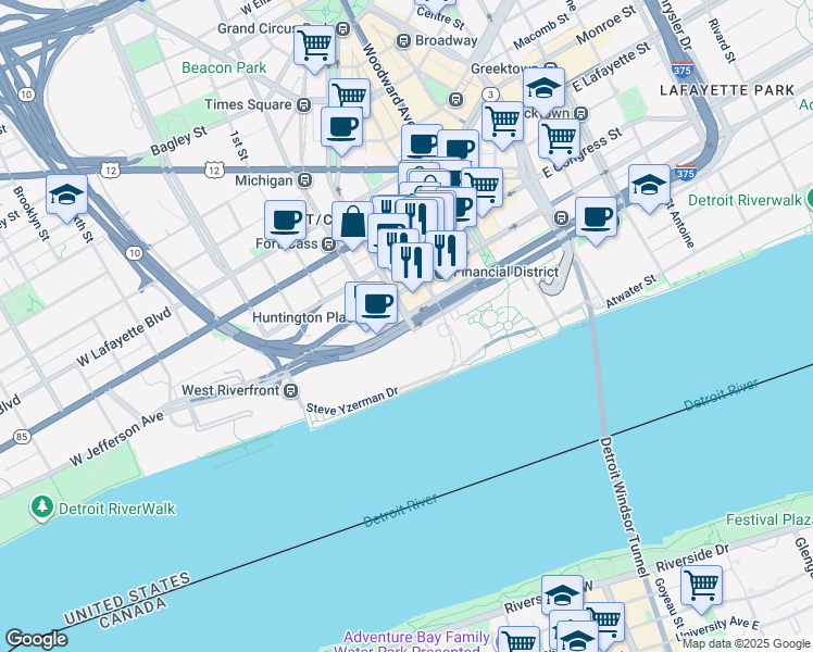 map of restaurants, bars, coffee shops, grocery stores, and more near in Detroit