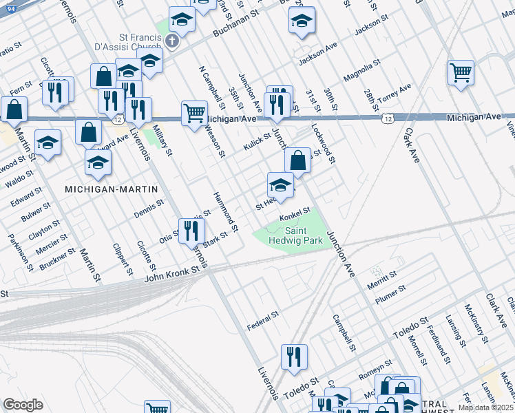 map of restaurants, bars, coffee shops, grocery stores, and more near 5753 Saint Hedwig Street in Detroit