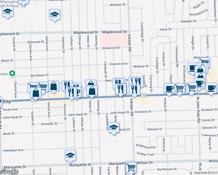 map of restaurants, bars, coffee shops, grocery stores, and more near 5641 Belton Street in Garden City