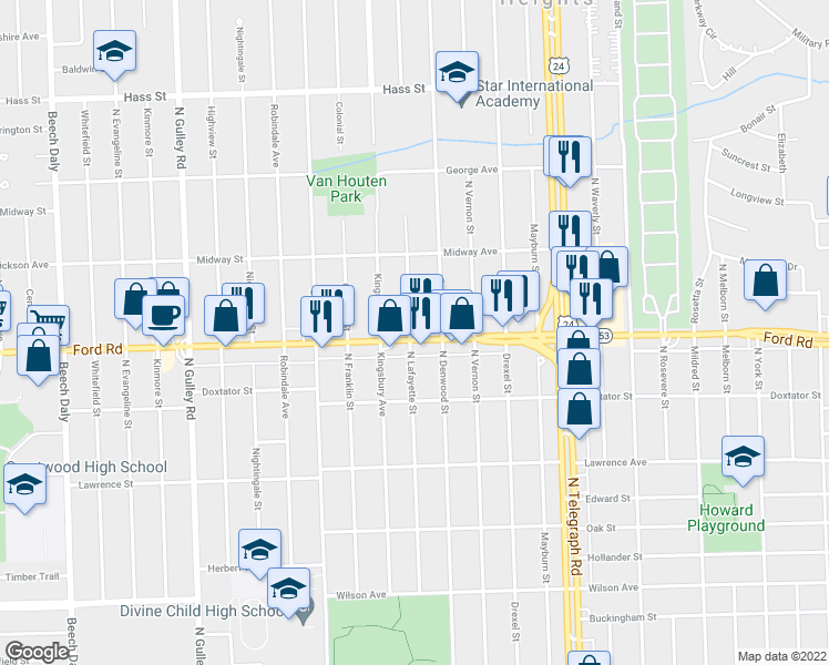 map of restaurants, bars, coffee shops, grocery stores, and more near 24546 Ford Road in Dearborn Heights