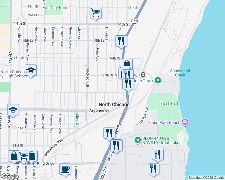 map of restaurants, bars, coffee shops, grocery stores, and more near 810 18th Street in North Chicago