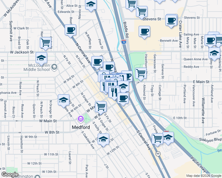 map of restaurants, bars, coffee shops, grocery stores, and more near Middleford Alley in Medford