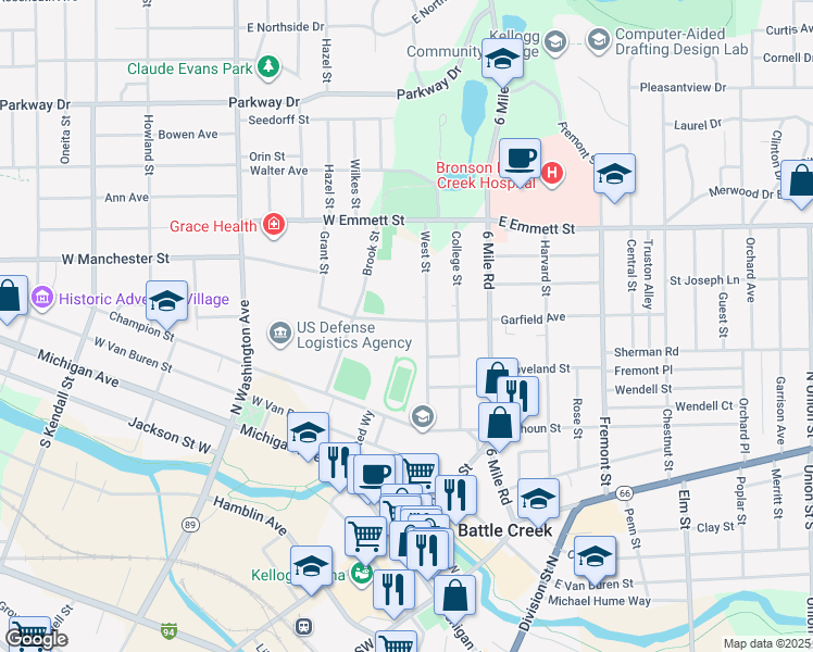 map of restaurants, bars, coffee shops, grocery stores, and more near 115 West Street in Battle Creek