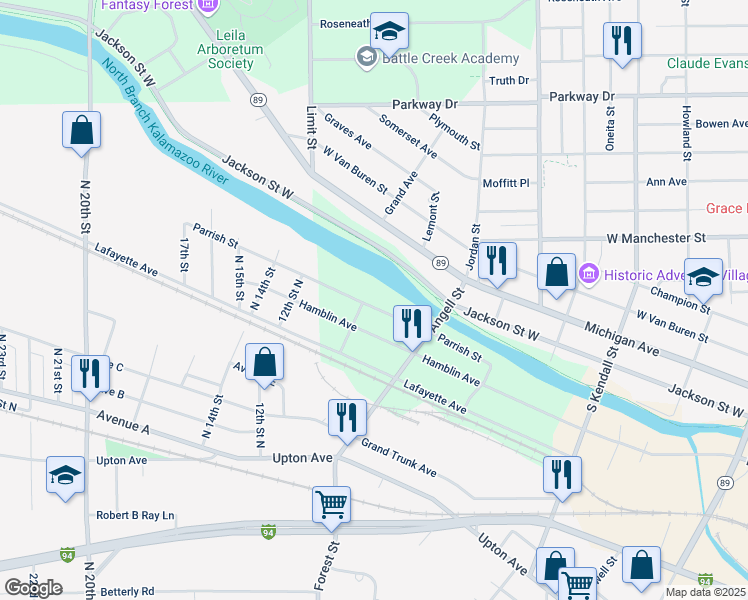 map of restaurants, bars, coffee shops, grocery stores, and more near 260 Parrish Street in Battle Creek