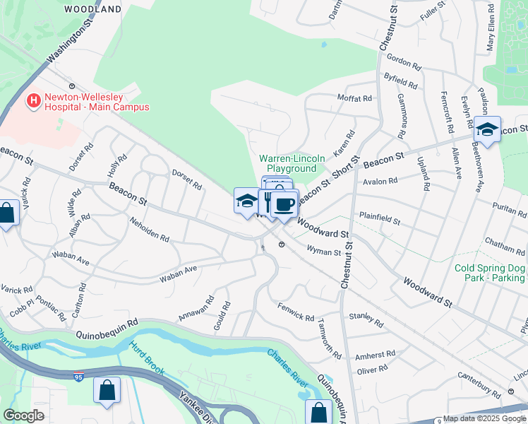map of restaurants, bars, coffee shops, grocery stores, and more near 20 Kinmonth Road in Newton