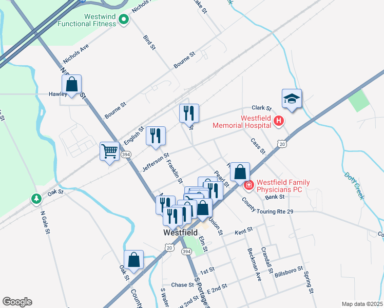map of restaurants, bars, coffee shops, grocery stores, and more near 48 Pearl Street in Westfield