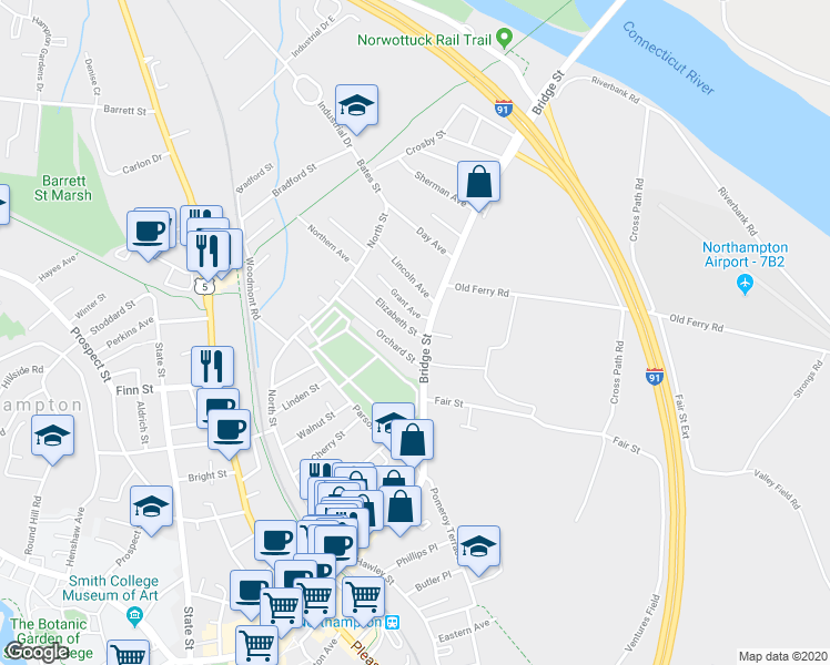 map of restaurants, bars, coffee shops, grocery stores, and more near 9 Elizabeth Street in Northampton