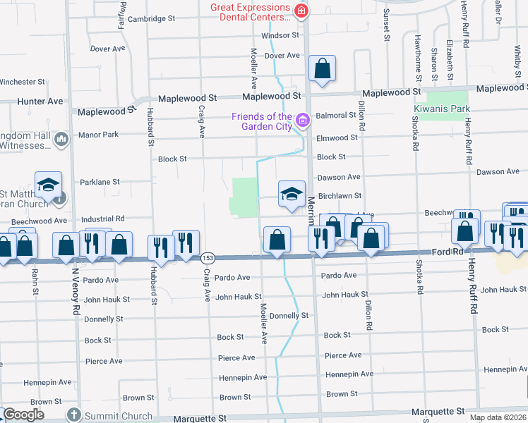 map of restaurants, bars, coffee shops, grocery stores, and more near 31586 Beechwood Avenue in Garden City
