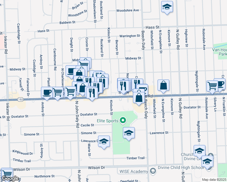 map of restaurants, bars, coffee shops, grocery stores, and more near 5636 Kinloch Street in Dearborn Heights