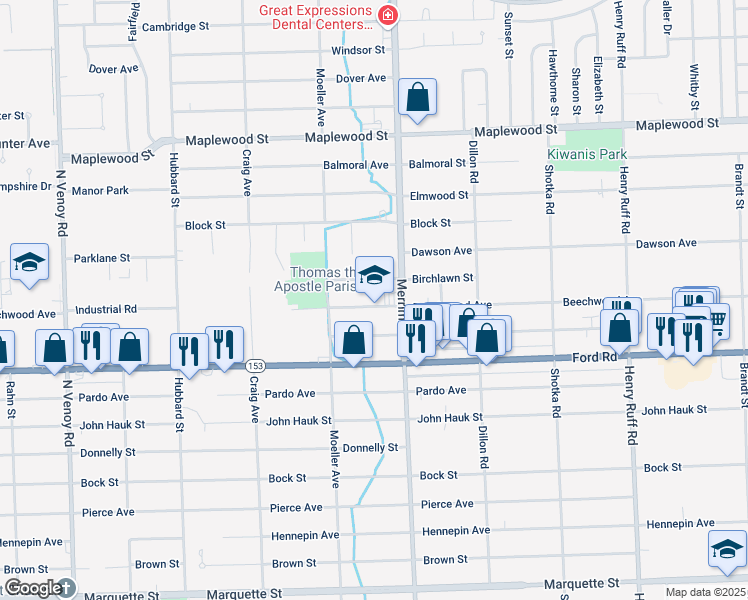 map of restaurants, bars, coffee shops, grocery stores, and more near 31500 Beechwood Avenue in Garden City