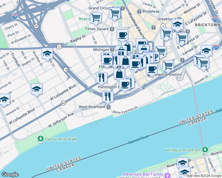 map of restaurants, bars, coffee shops, grocery stores, and more near 1 Washington Boulevard in Detroit