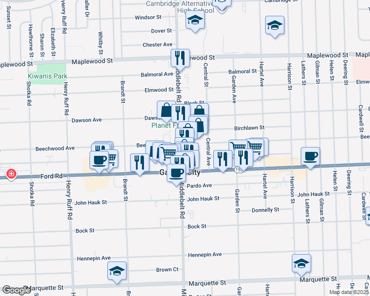 map of restaurants, bars, coffee shops, grocery stores, and more near 5726 Middlebelt Road in Garden City