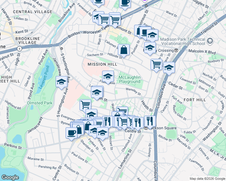 map of restaurants, bars, coffee shops, grocery stores, and more near 6 Bucknam Street in Boston