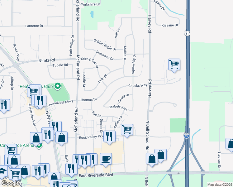 map of restaurants, bars, coffee shops, grocery stores, and more near 7334 Casey Drive in Loves Park