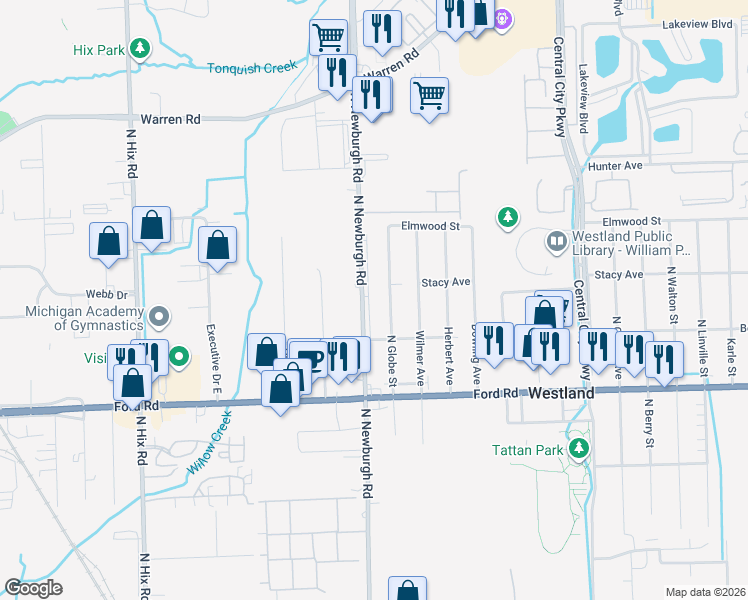 map of restaurants, bars, coffee shops, grocery stores, and more near 5921 North Newburgh Road in Westland