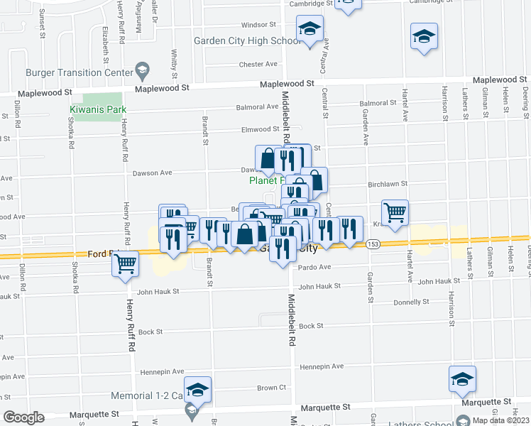 map of restaurants, bars, coffee shops, grocery stores, and more near 29515 Beechwood Avenue in Garden City