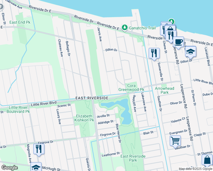 map of restaurants, bars, coffee shops, grocery stores, and more near 1127 Jarvis Avenue in Windsor