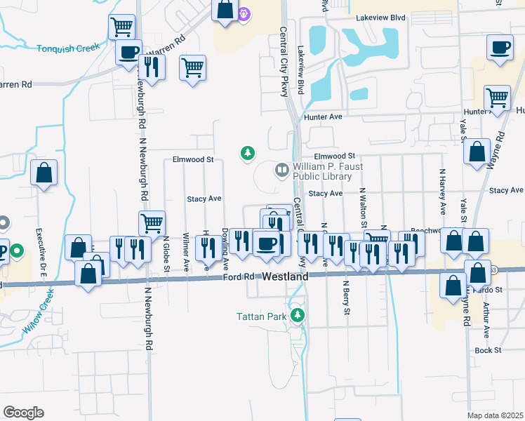 map of restaurants, bars, coffee shops, grocery stores, and more near 36581 Newberry Estates Drive in Westland