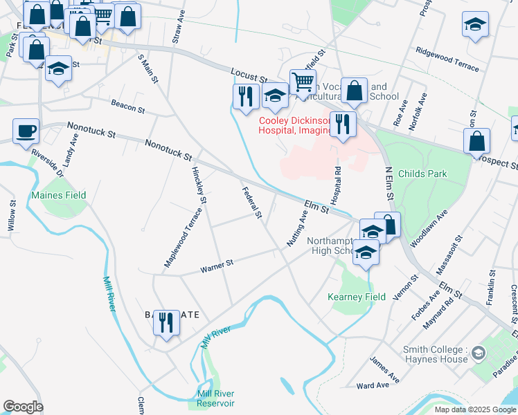 map of restaurants, bars, coffee shops, grocery stores, and more near 191 Federal Street in Northampton
