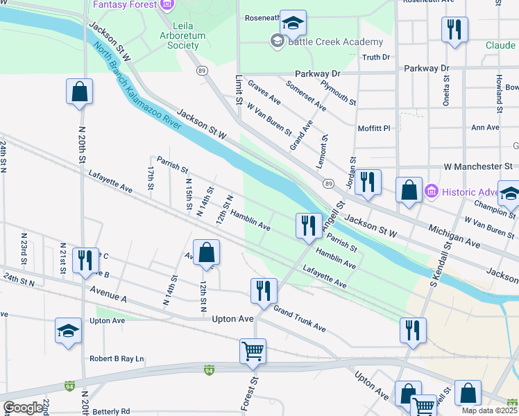 map of restaurants, bars, coffee shops, grocery stores, and more near 297 Parrish Street in Springfield