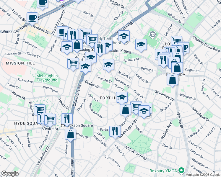 map of restaurants, bars, coffee shops, grocery stores, and more near 91 Cedar Street in Boston
