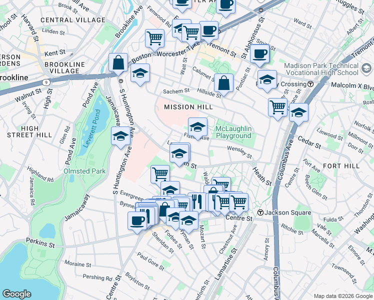 map of restaurants, bars, coffee shops, grocery stores, and more near Lawn Street in Boston