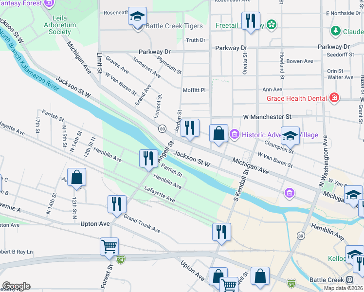 map of restaurants, bars, coffee shops, grocery stores, and more near 551 Turner Street in Battle Creek