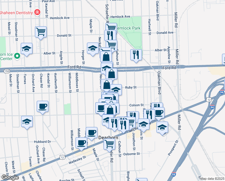 map of restaurants, bars, coffee shops, grocery stores, and more near 5301 Calhoun Street in Dearborn