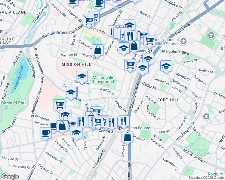 map of restaurants, bars, coffee shops, grocery stores, and more near 24 Wensley Street in Boston