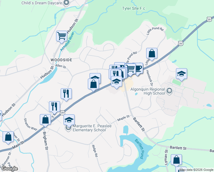 map of restaurants, bars, coffee shops, grocery stores, and more near 260 Main Street in Northborough