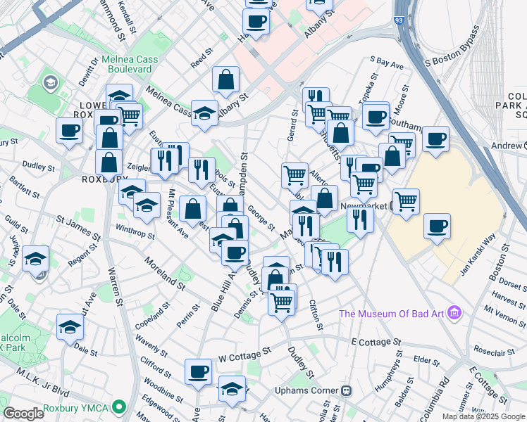 map of restaurants, bars, coffee shops, grocery stores, and more near 262 Eustis Street in Boston