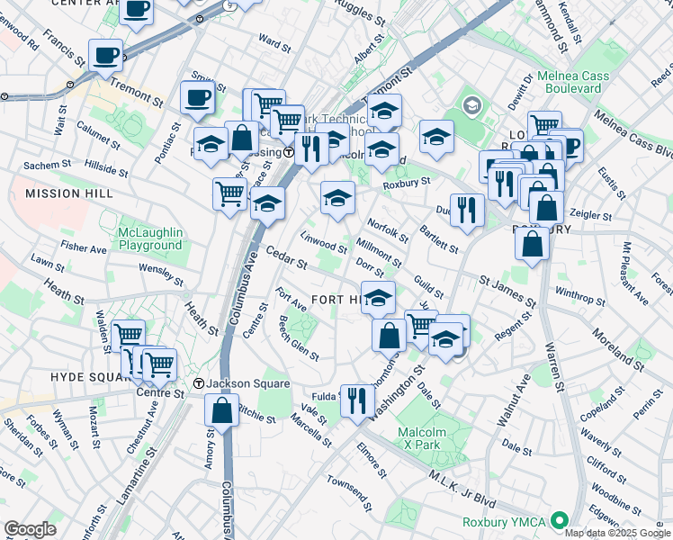 map of restaurants, bars, coffee shops, grocery stores, and more near 91 Cedar Street in Boston
