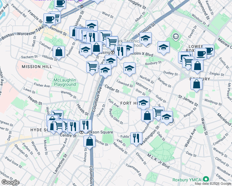 map of restaurants, bars, coffee shops, grocery stores, and more near 8 Highland Park Avenue in Boston