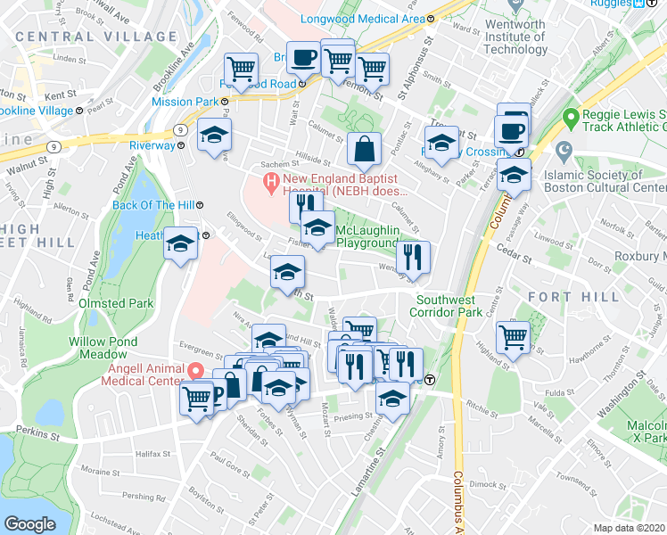 map of restaurants, bars, coffee shops, grocery stores, and more near 6 Bucknam Street in Boston